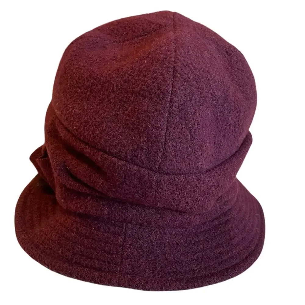 Ramona Paris Purple Burgundy Soft Classic Bucket Hat W/ Fur Pin Detail Glam